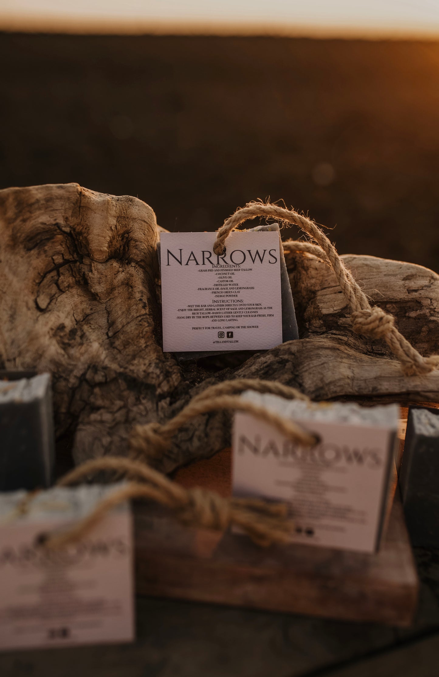 Till & Tallow Narrows Soap on a Rope in driftwood, blurred background, handcrafted in Alberta.