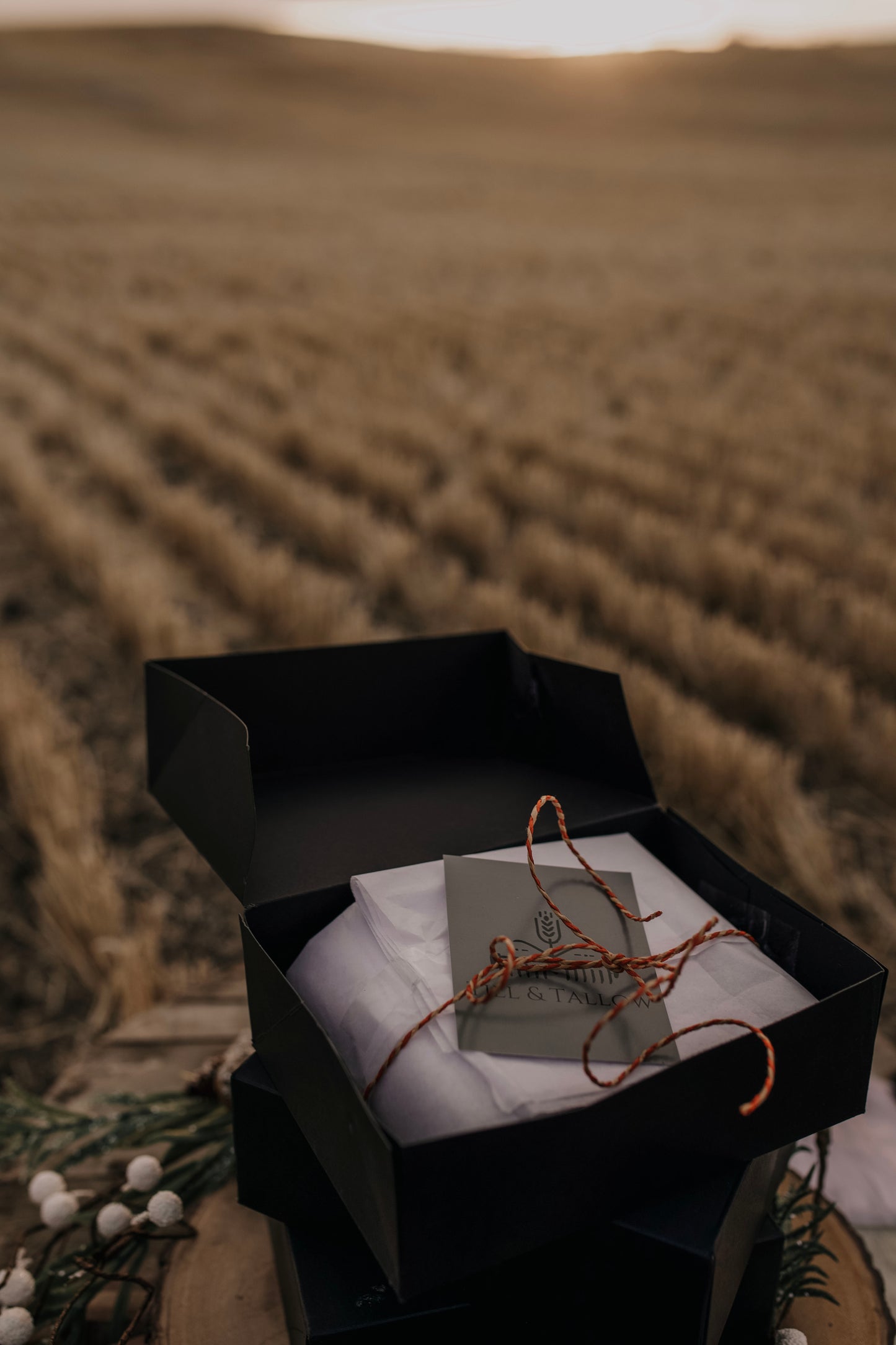Till & Tallow open gift box with wrapped contents and card on a rustic wood surface against a prairie backdrop.