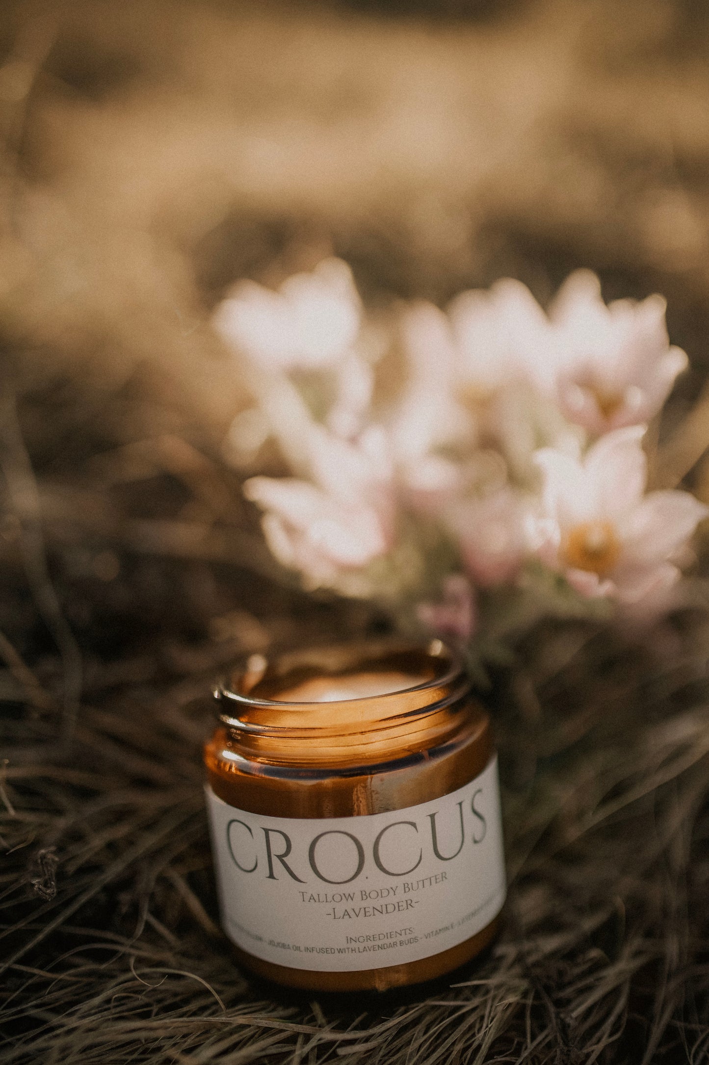 Crocus lavender tallow body butter in amber jar with wild crocus flowers -Alberta made by Till & Tallow
