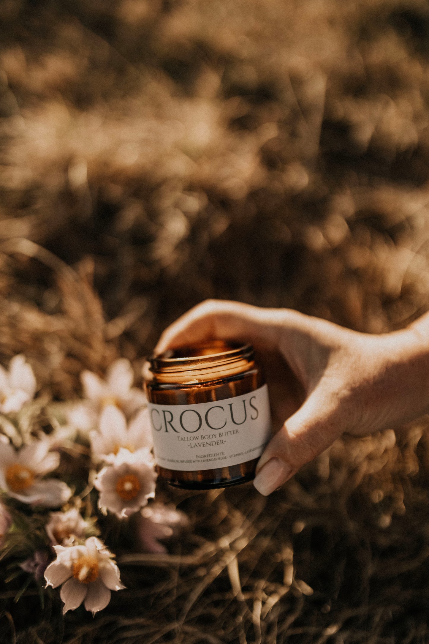 Hand holding Crocus lavender tallow body butter jar amount wild Alberta prairie flowers-Till & Tallow natural skincare