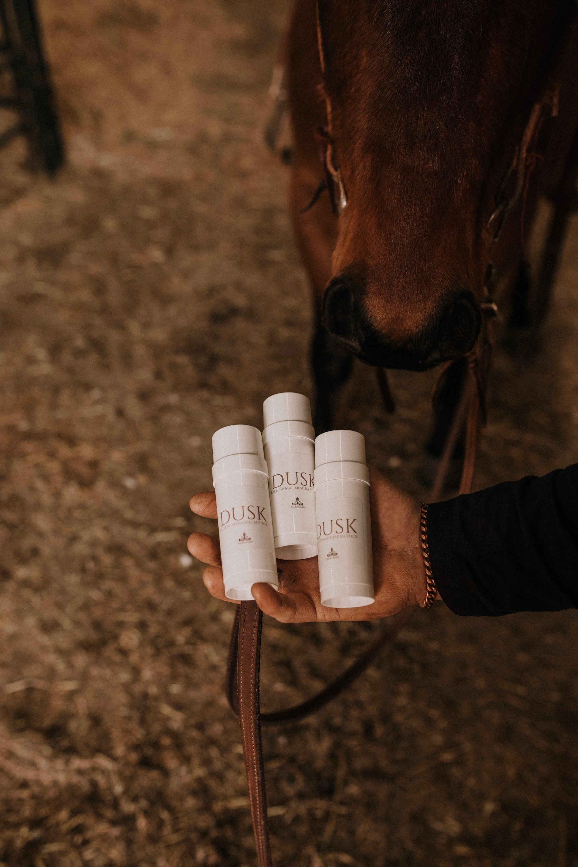 Hand holding three Dusk Magensium tallow sticks in front of a horse - Till & Tallow Alberta natural wellness product
