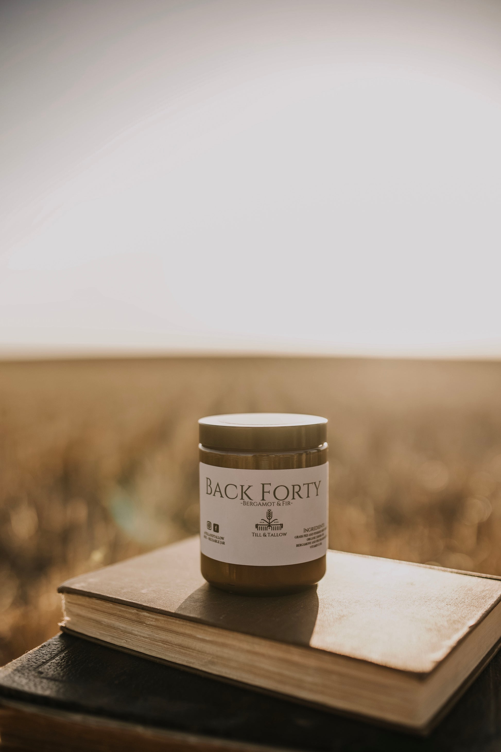 Till & Tallow Back Forty Body Butter on book, handcrafted in Alberta.