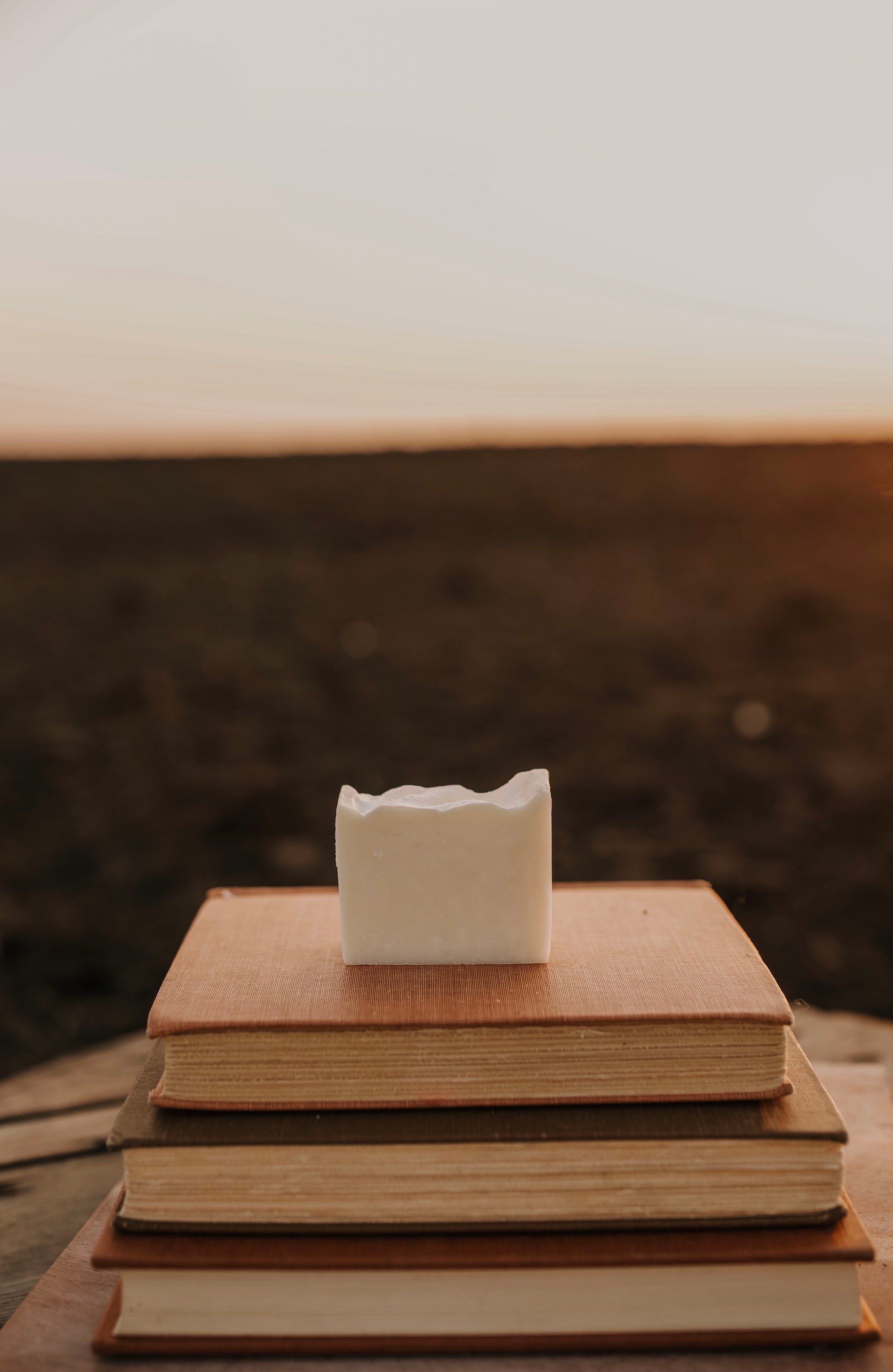 Till & Tallow Cream Unscented Bar Soap, single bar on books, handcrafted in Alberta.