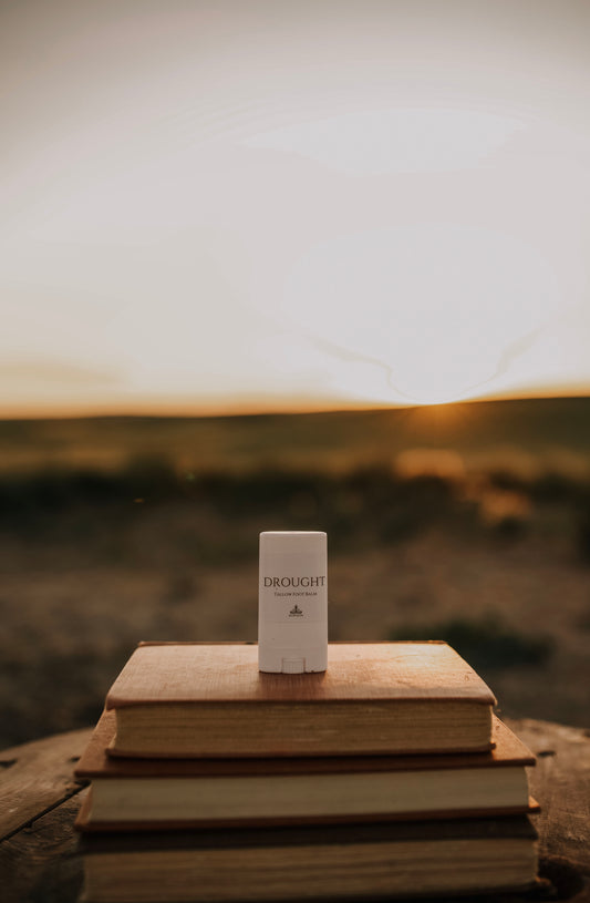Till & Tallow Balm Drought Cracked Heel Balm in white cylindrical tube displayed on stacked vintage books outdoors with a  prairie background, handcrafted in Alberta