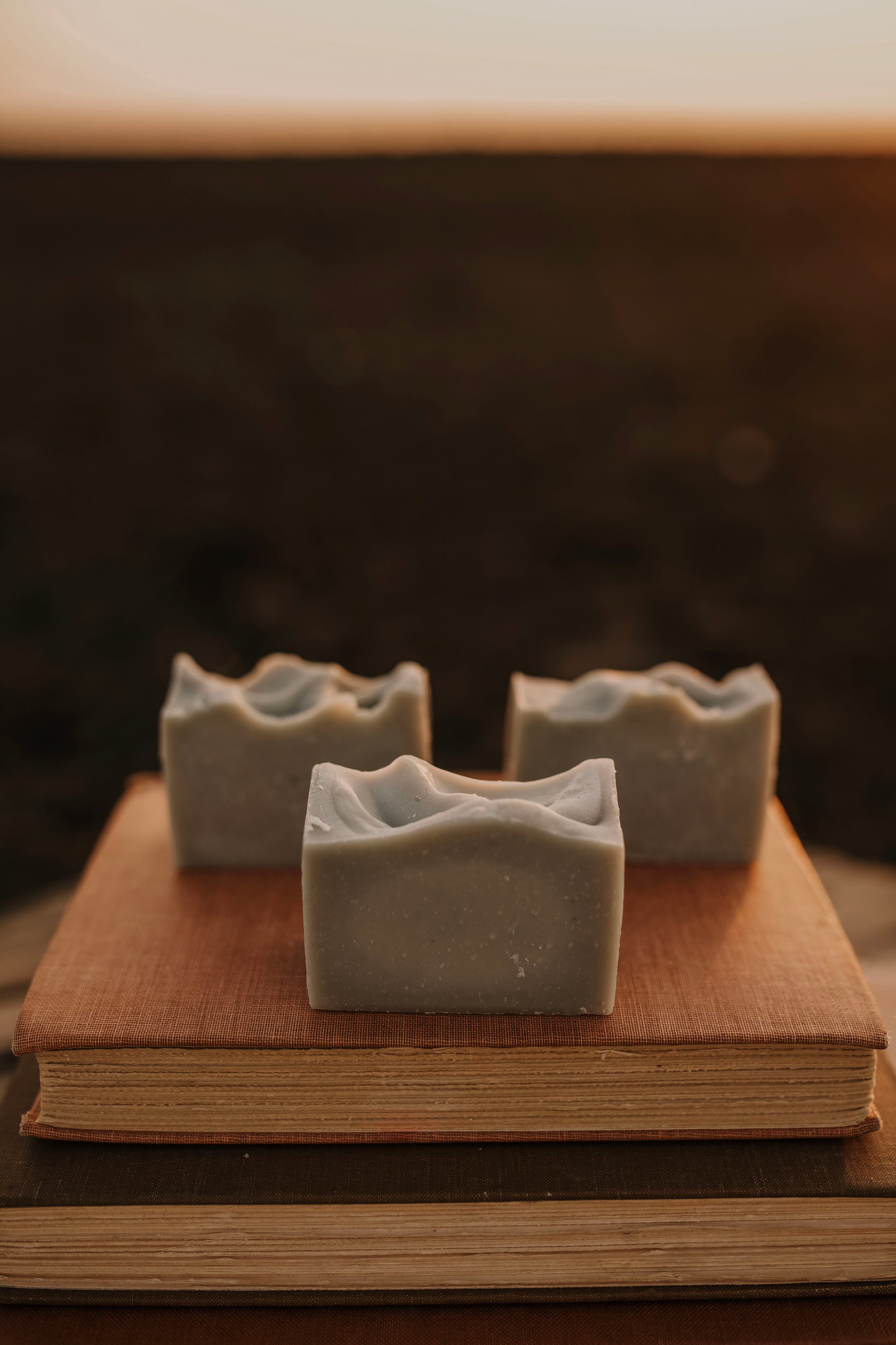 Till & Tallow Garden Mint & Pumice Tallow Bar Soap Trio on two books, outdoors, handcrafted in Alberta.