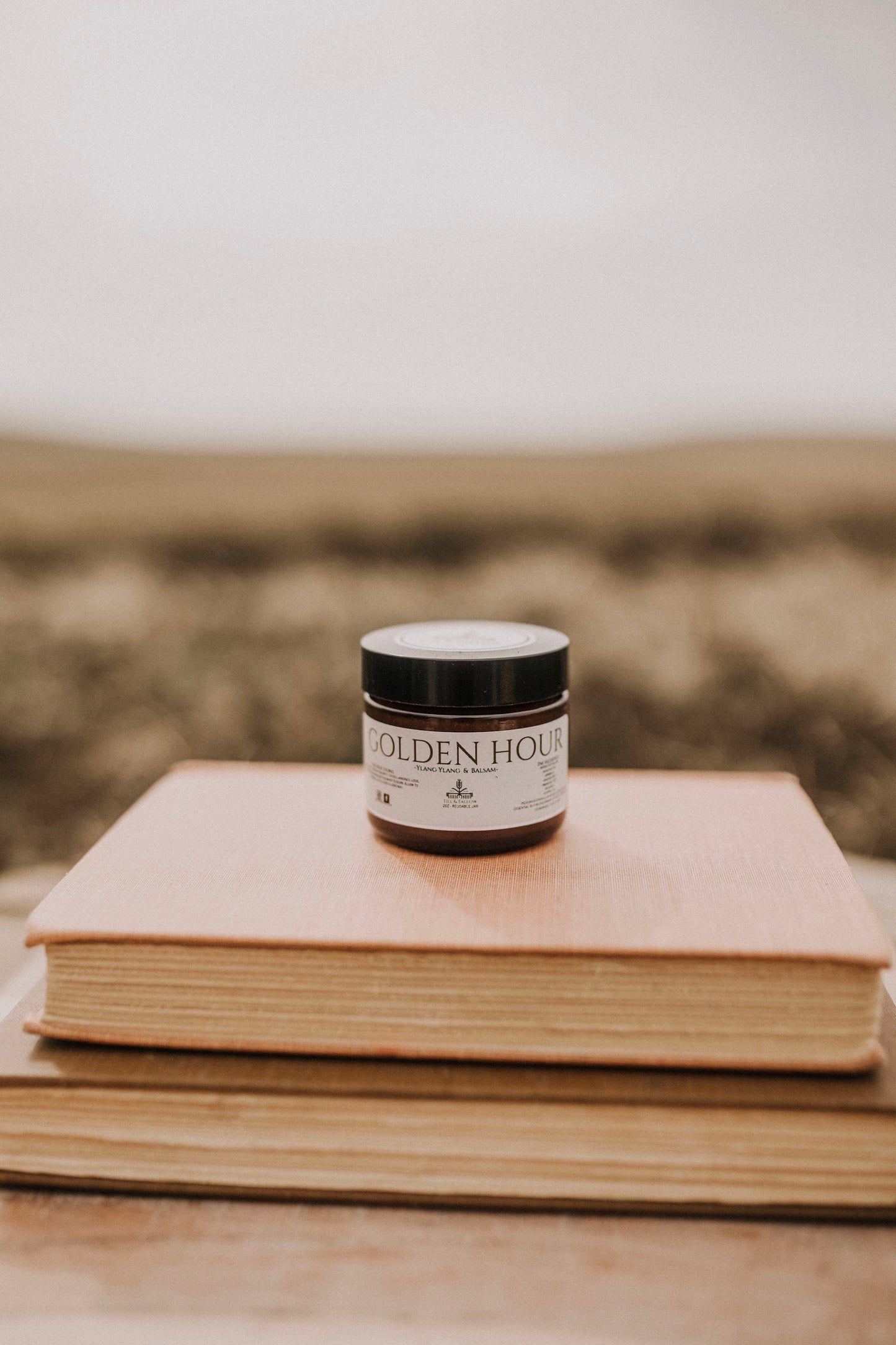 Till & Tallow Gold Hour Shimmer on books, handcrafted in Alberta