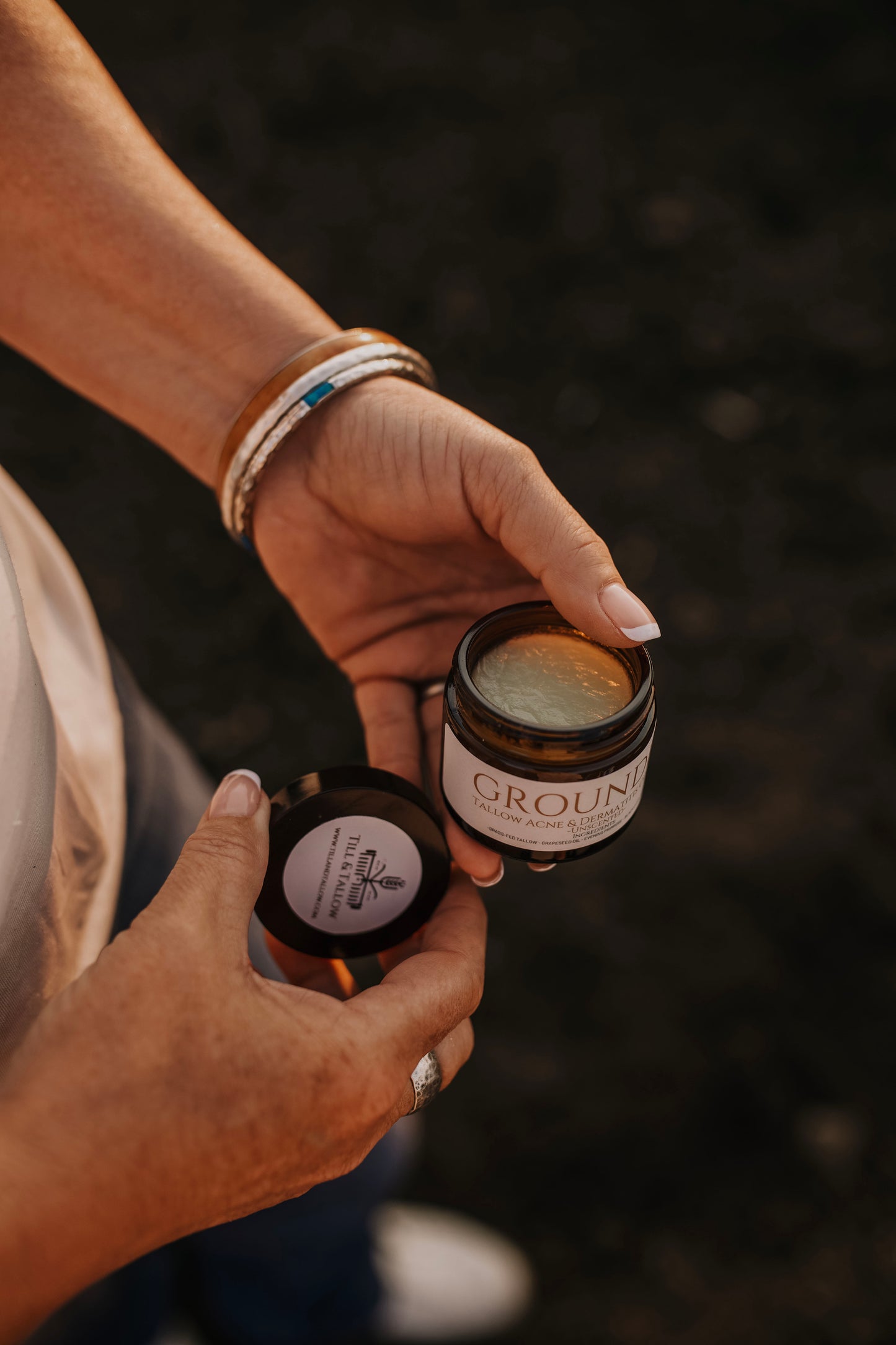 Till & Tallow Grounded Seborrheic-safe Face Balm in natural outdoor light, showing balm texture, handcrafted in Alberta