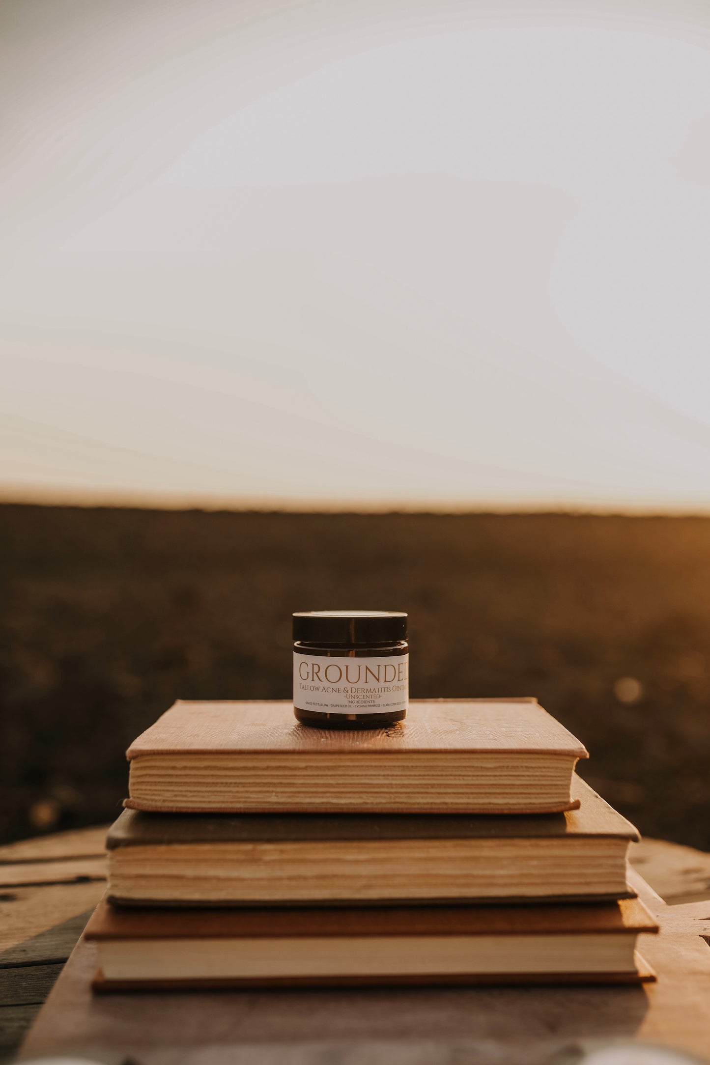 Till & Tallow Grounded Seborrheic-safe Face Balm sitting on a stack of books outdoors with a soft prairie background, handcrafted in Alberta