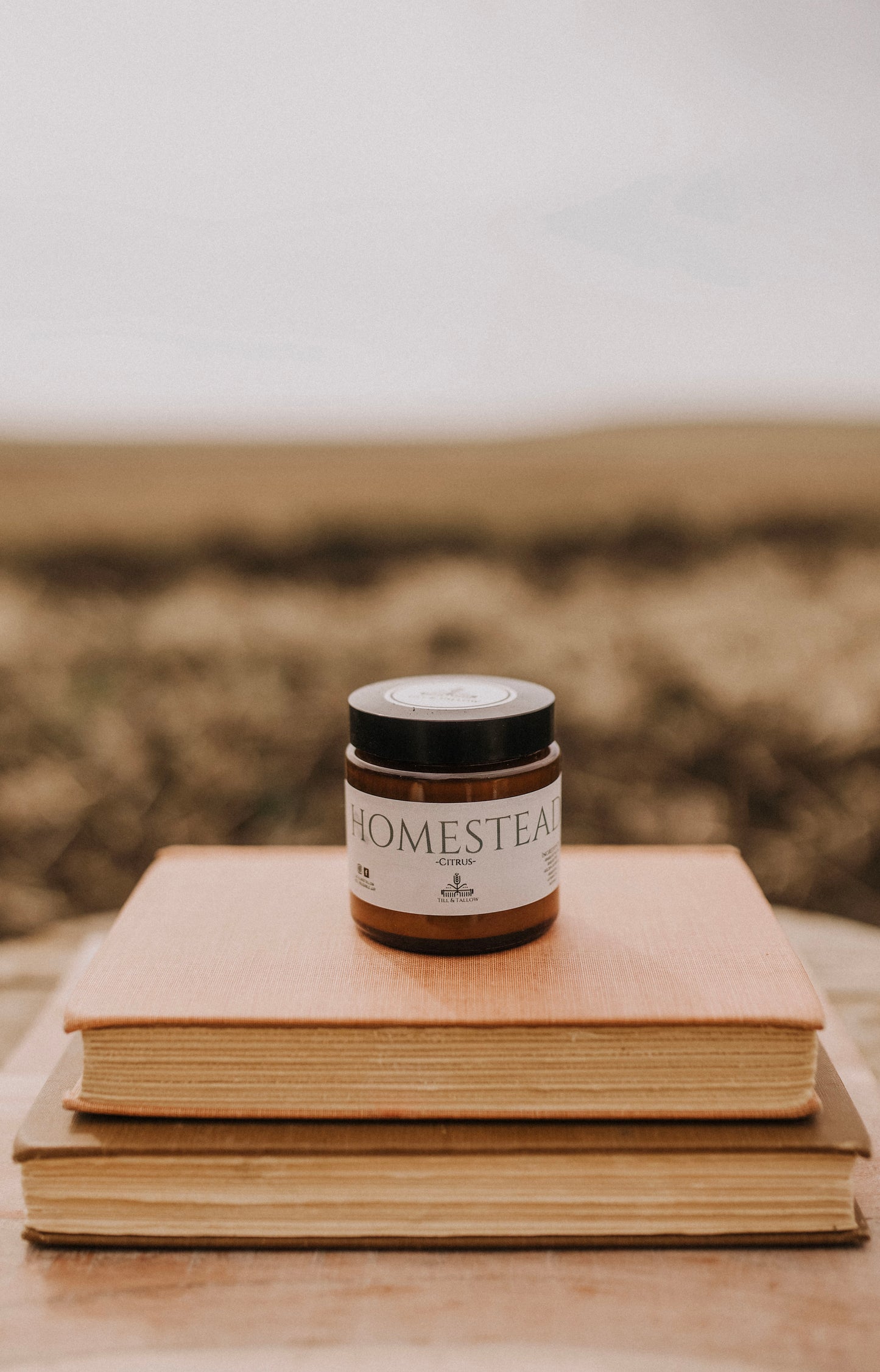 Till & Tallow Homestead Belly Butter on Books, handcrafted in Alberta.