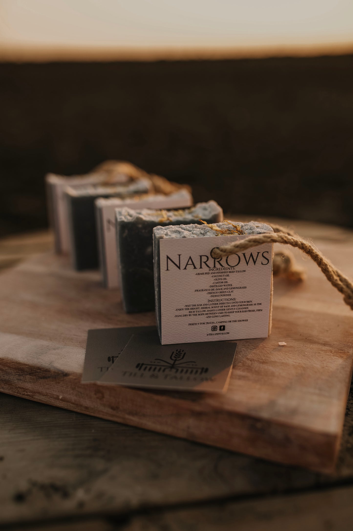 Till & Tallow Narrows Tallow Bar Soap on a rope on wood, handcrafted in Alberta.