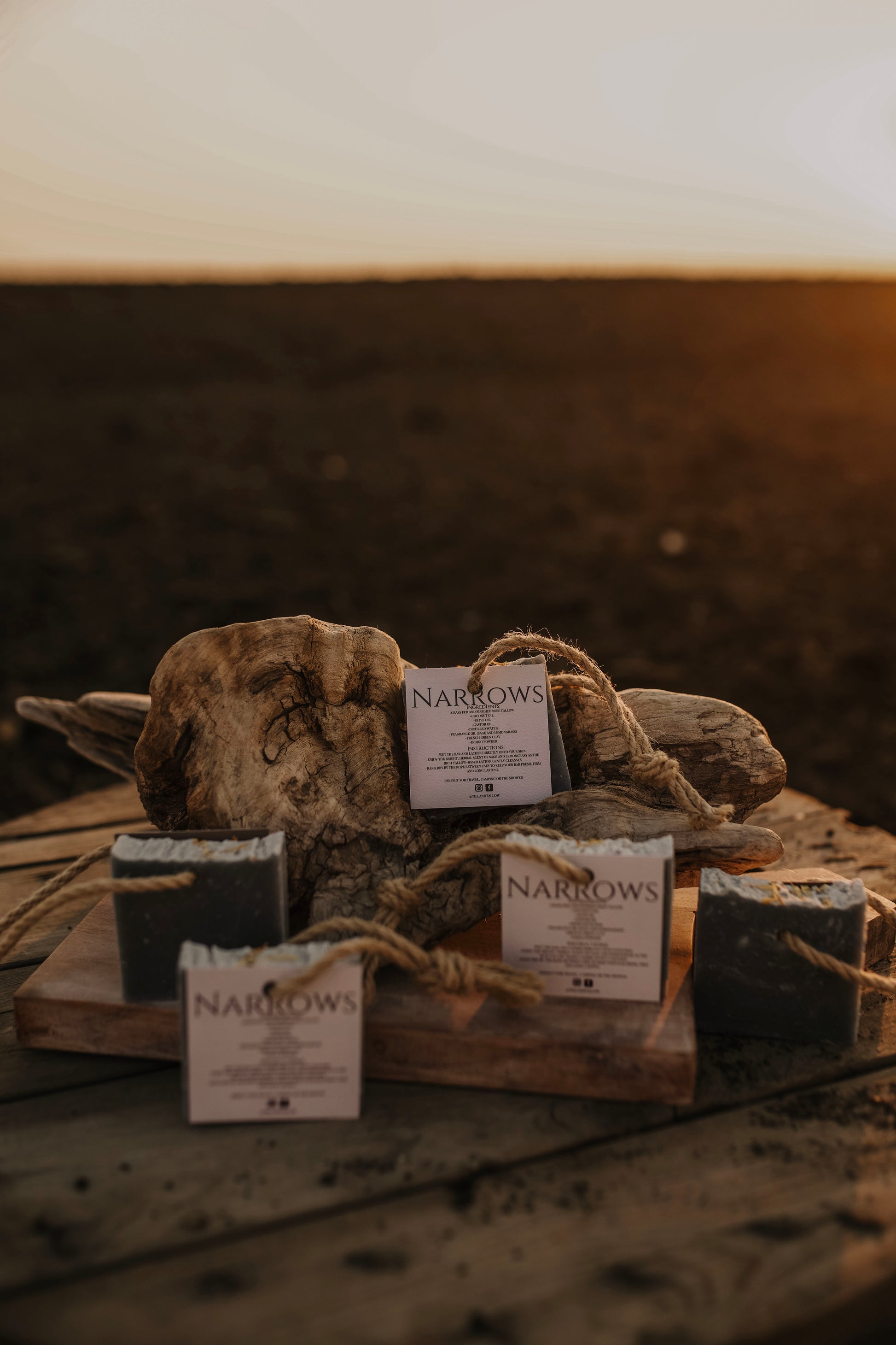 Till & Tallow Narrows Tallow Bar Soap on a Rope with Driftwood, handcrafted in Alberta.