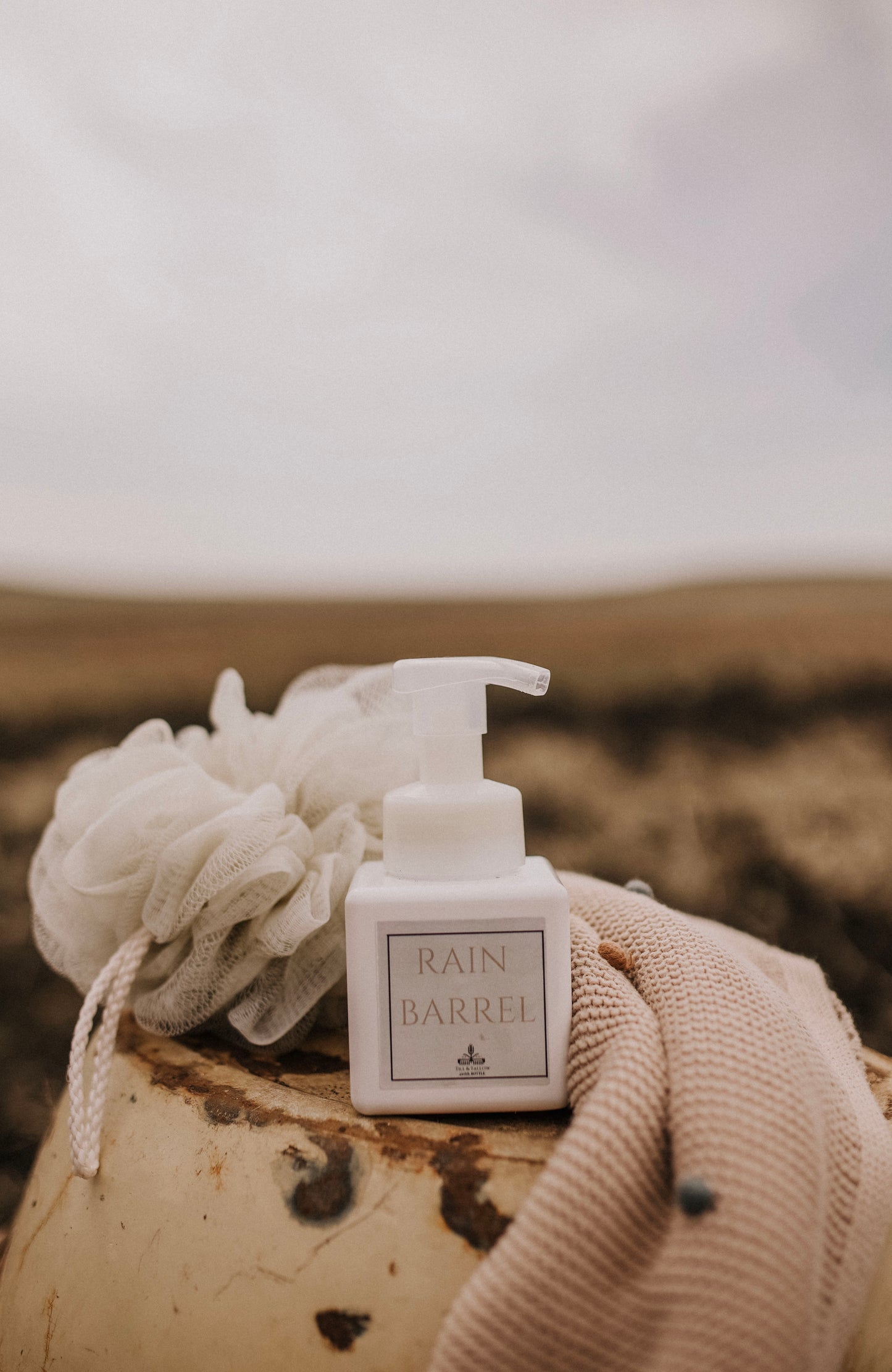 Till & Tallow Rain Barrel Foaming Baby Soap bottle with cloth and scrubby, handcrafted in Alberta