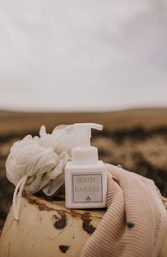 Till & Tallow Rain Barrel Foaming Baby Soap bottle with cloth and scrubby, handcrafted in Alberta